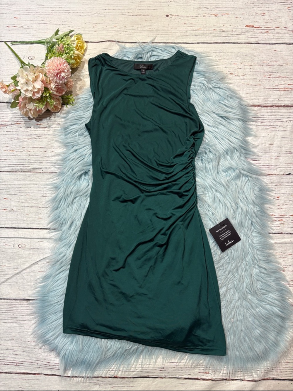 NWT Lulus Eye-Catching Flirt Emerald Ruched Asymmetrical Mini Dress - Picture 2 of 8